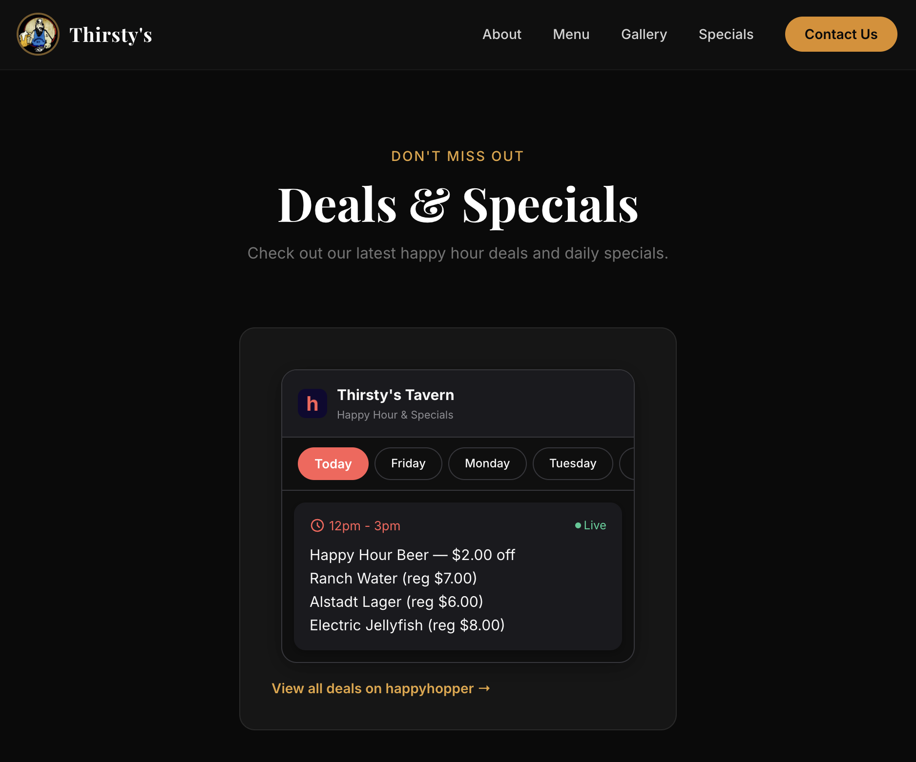 The happyhopper deals widget embedded on a restaurant's own website, showing live happy hour deals with day tabs