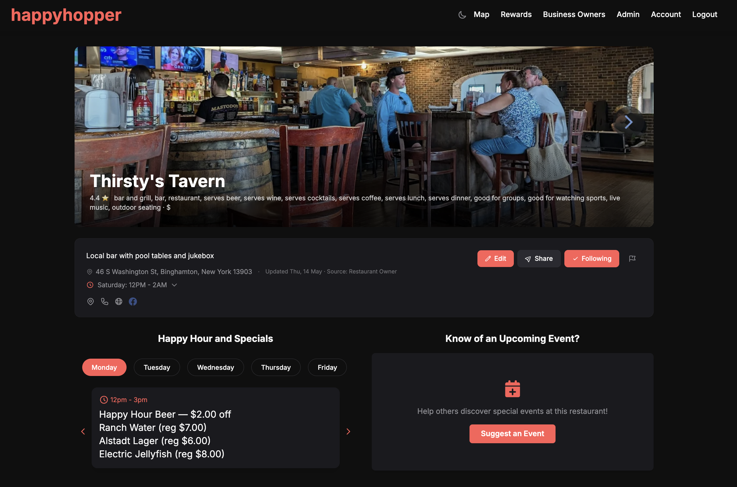The public restaurant page on happyhopper showing the imported Happy Hour Beer deal under the Happy Hour and Specials section